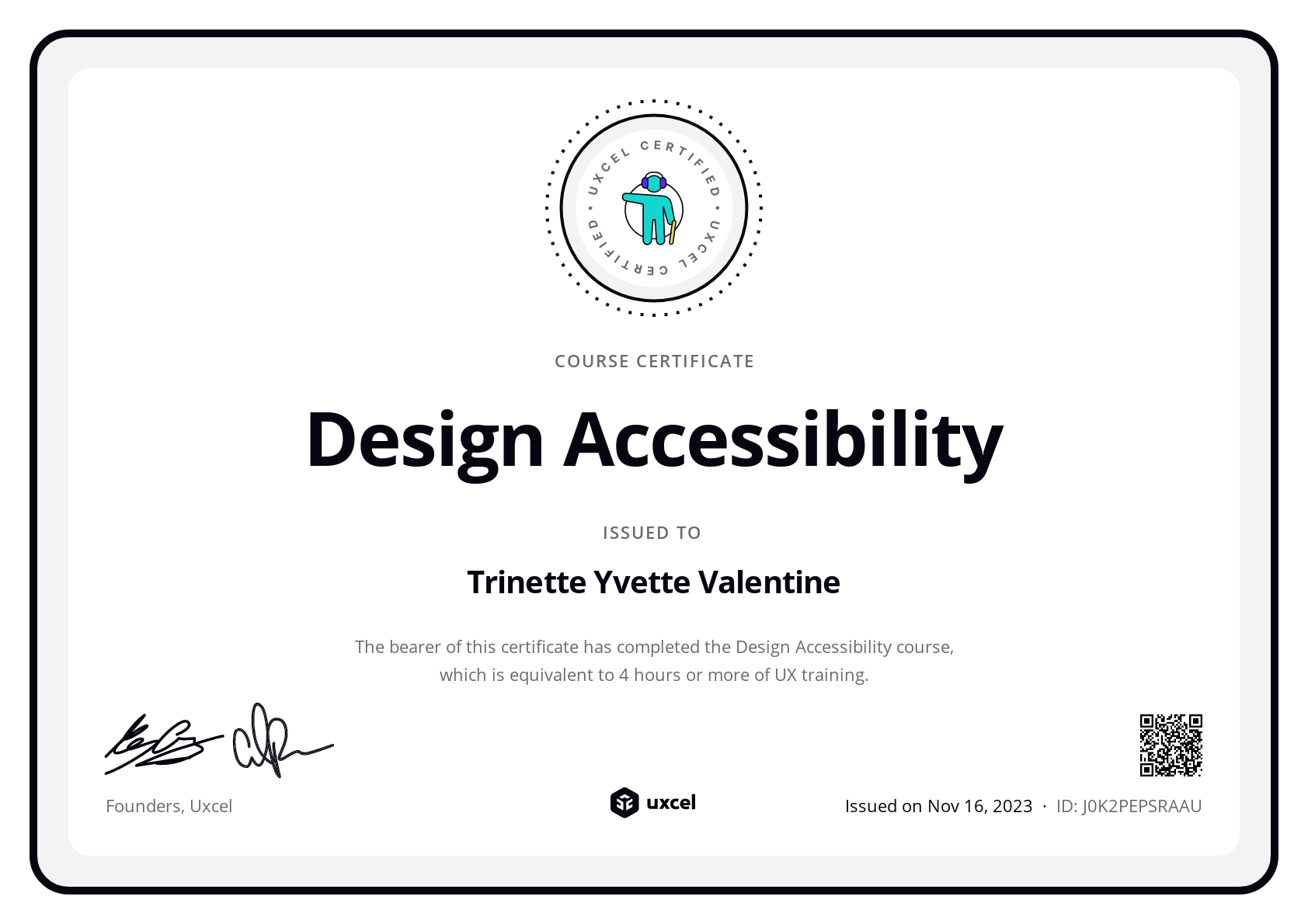 Trinette Yvette Valentine's certificate